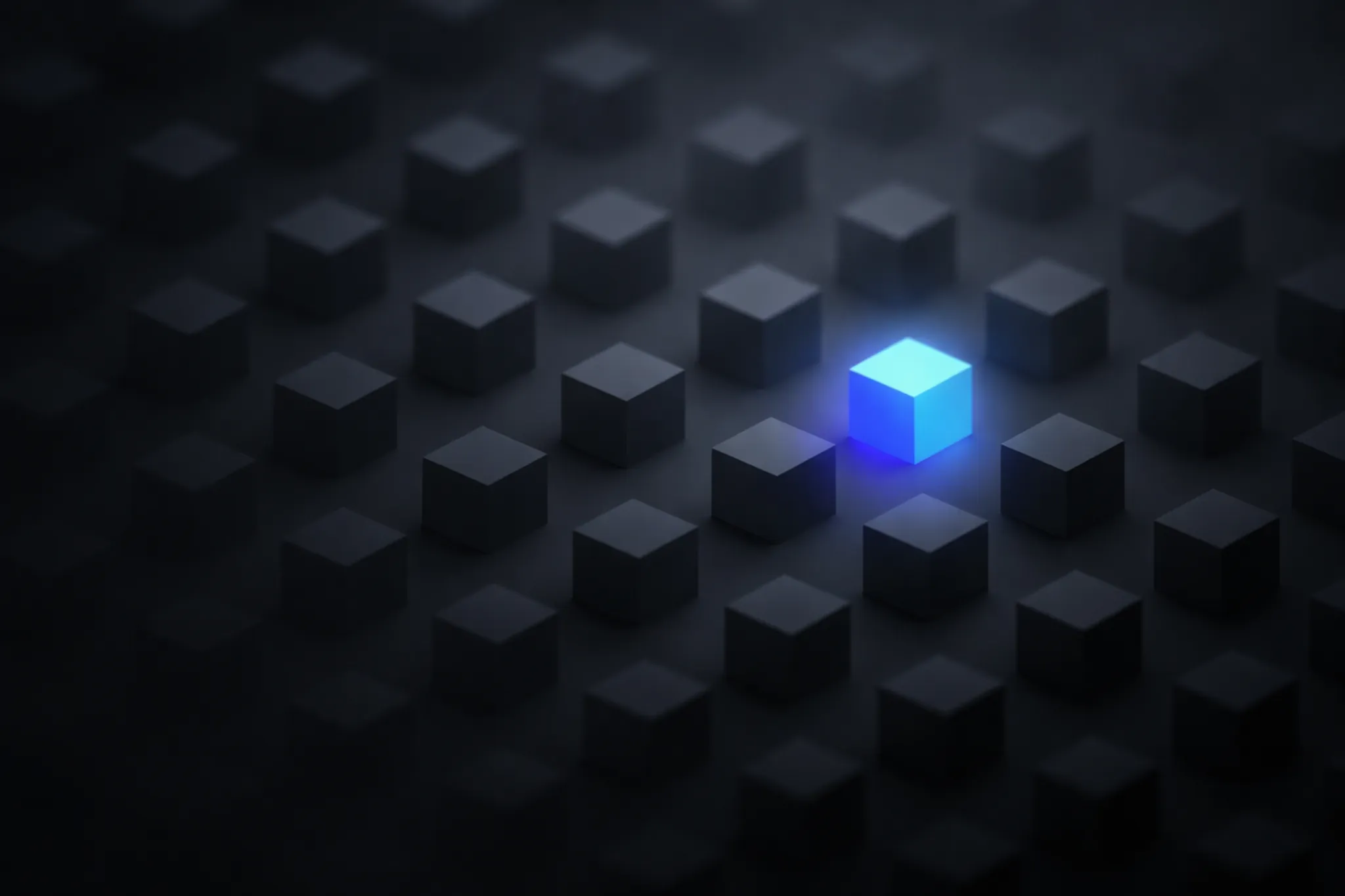Abstract grid of dark cubes with one glowing blue cube standing out from uniform pattern illustrating generic content failing in AI search environments.