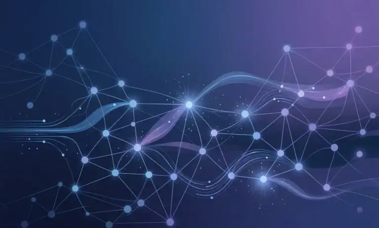 Abstract network of glowing data nodes and flowing connections illustrating AI search systems and information networks.