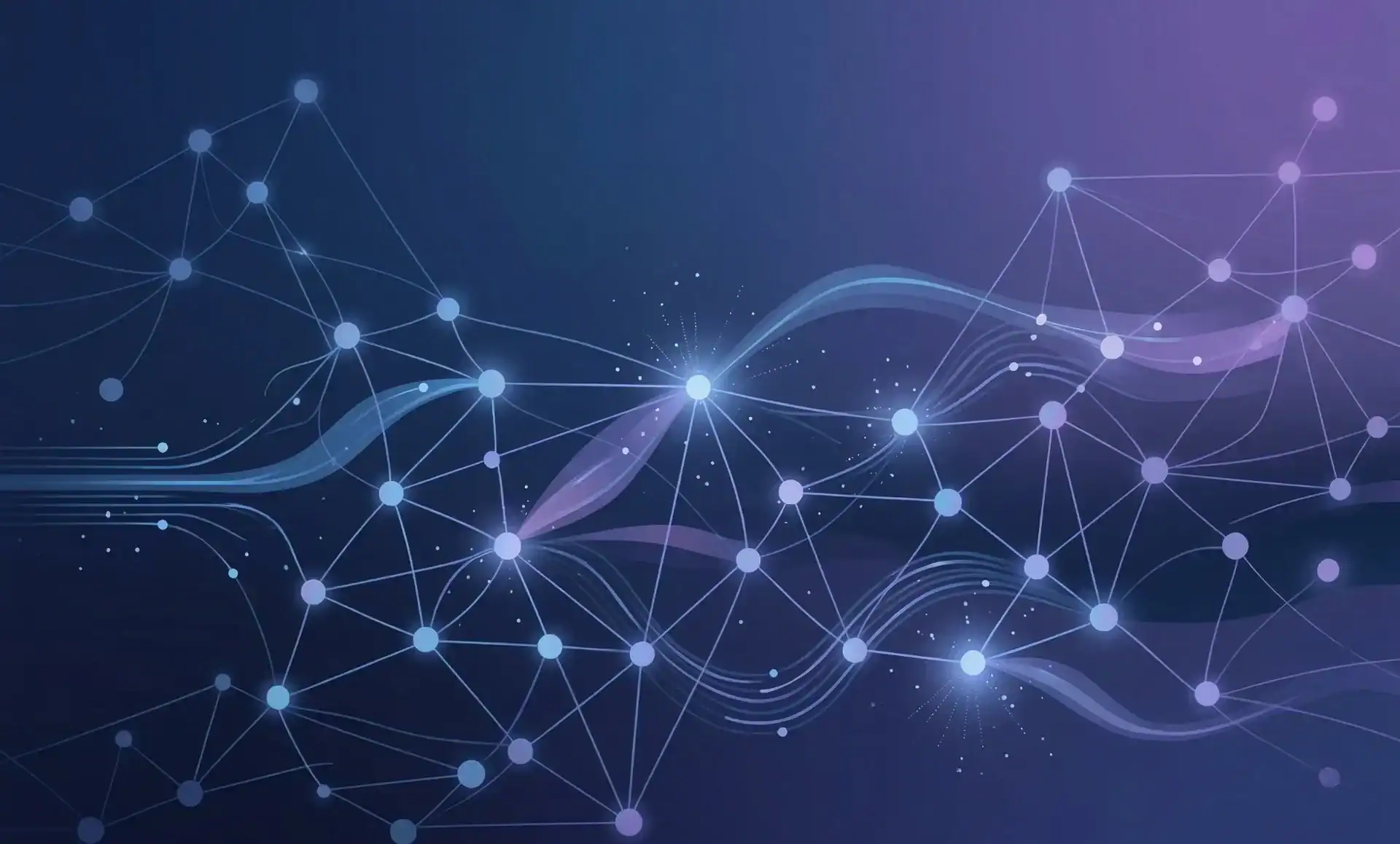 Abstract network of glowing data nodes and flowing connections illustrating AI search systems and information networks.