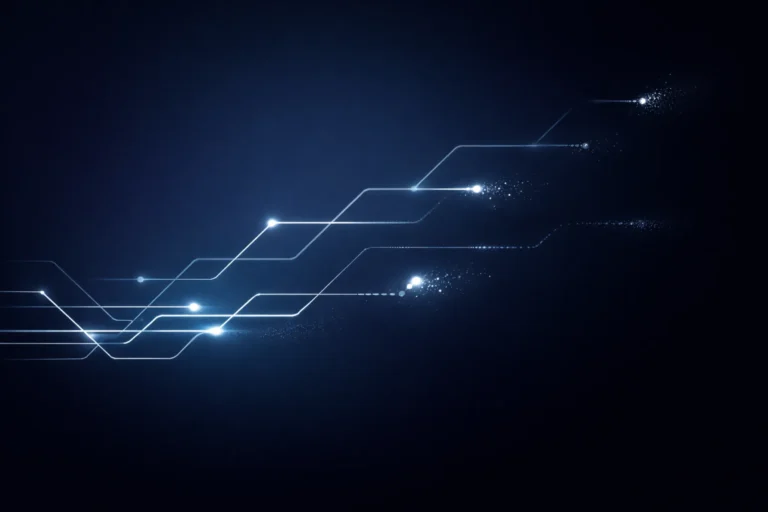 Abstract glowing network lines fading and breaking mid-path on dark background, representing disrupted digital pathways and lost traffic to zero-click search