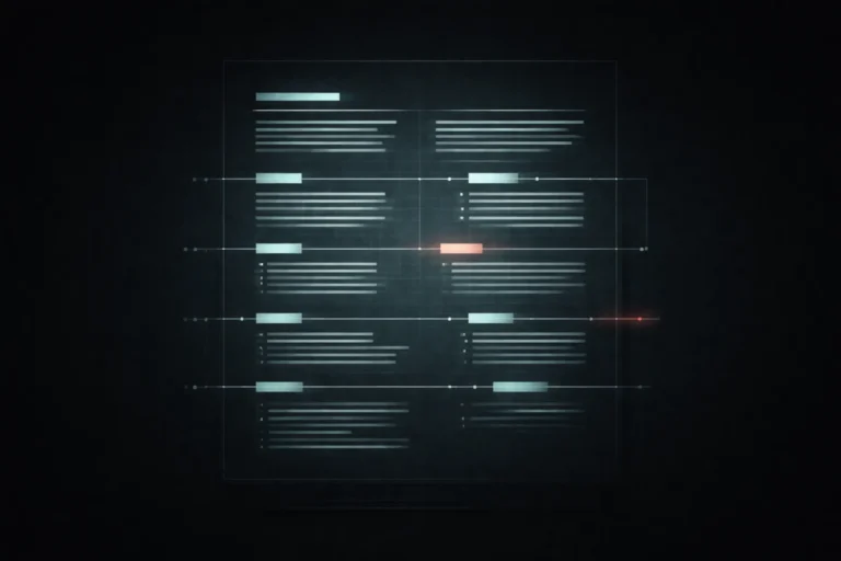 Structured document-like grid with one misaligned red element indicating AI content risks