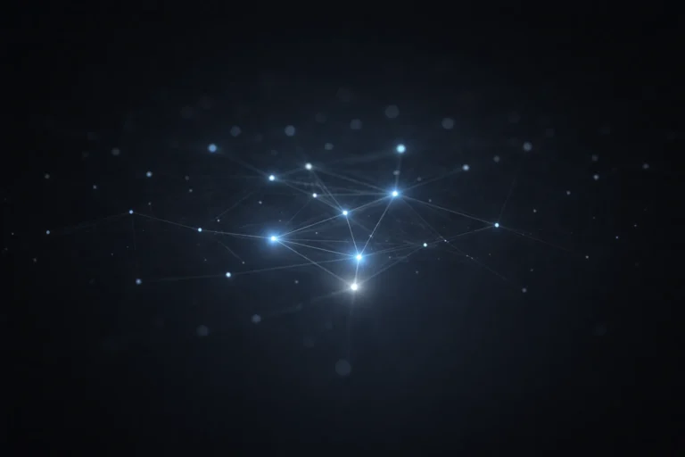 Abstract network of glowing nodes with a central cluster illuminated against a dark background, symbolizing the AI Citation economy