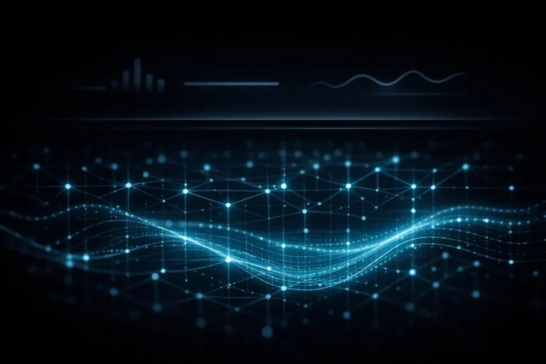 Abstract layered data visualization showing surface metrics above deeper interconnected signals to measure success in AI search beyond rankings and traffic