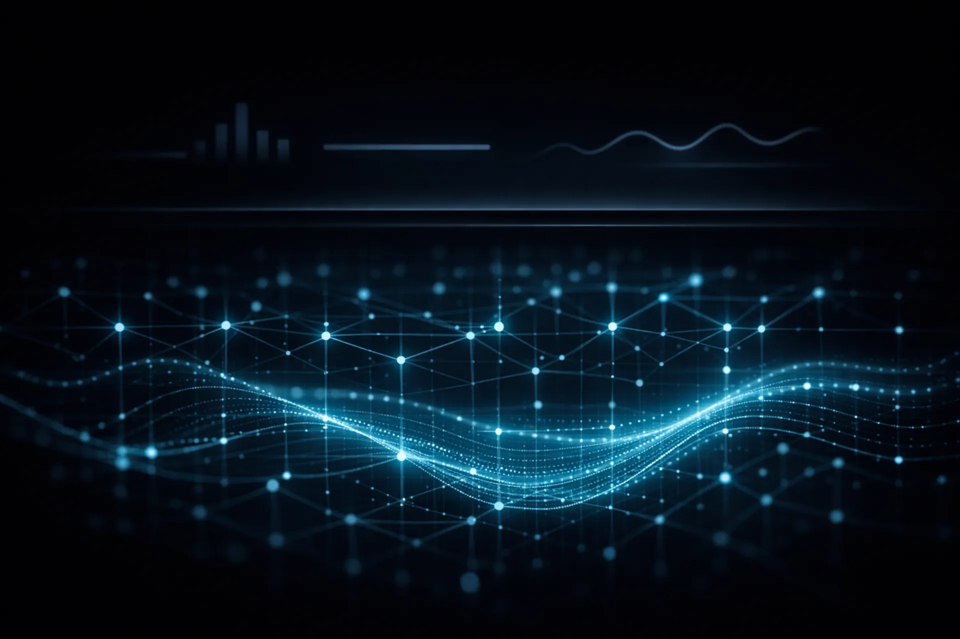 Abstract layered data visualization showing surface metrics above deeper interconnected signals to measure success in AI search beyond rankings and traffic