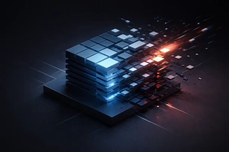 Abstract stacked data blocks breaking apart under pressure, representing system failure from unverified content scaling