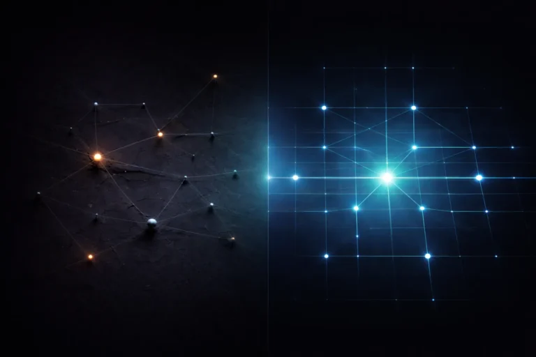 Abstract split network showing fragile vs structured system in a Done-for-You vs In-House Content System comparison