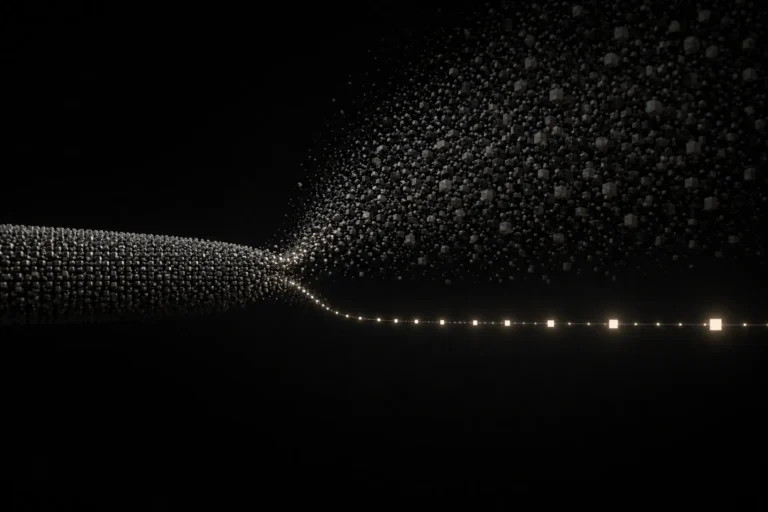Abstract visualization of ranking vs being cited, showing dense content splitting into filtered, highly selected output stream