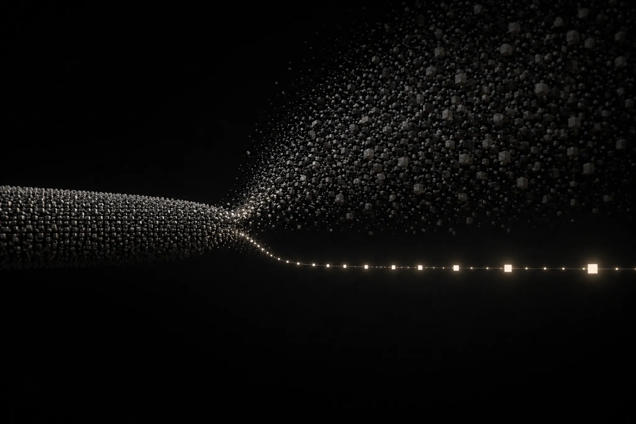 Abstract visualization of ranking vs being cited, showing dense content splitting into filtered, highly selected output stream