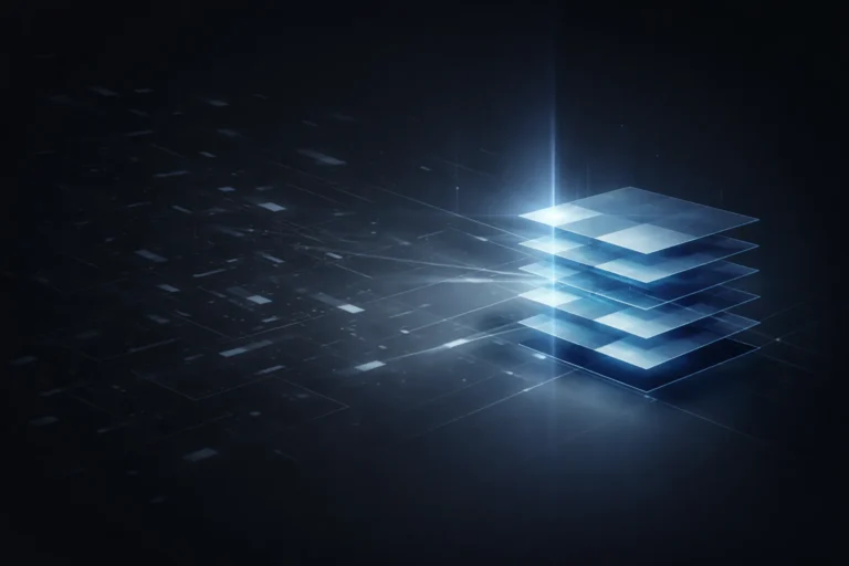 Layered data blocks emerging from a chaotic digital field, representing structured content improving AI extraction and visibility.