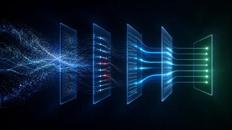 Multi-stage AI data pipeline showing source verification with rejected streams filtered before clean structured output
