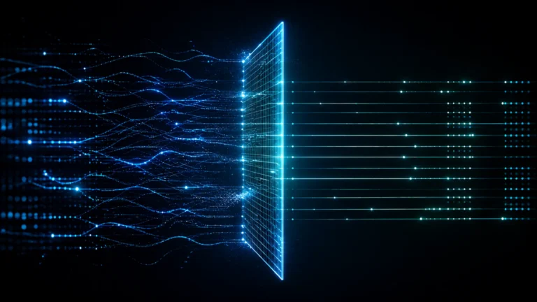 Abstract data streams hitting a verification grid where some inputs fail while others pass through as structured AI output