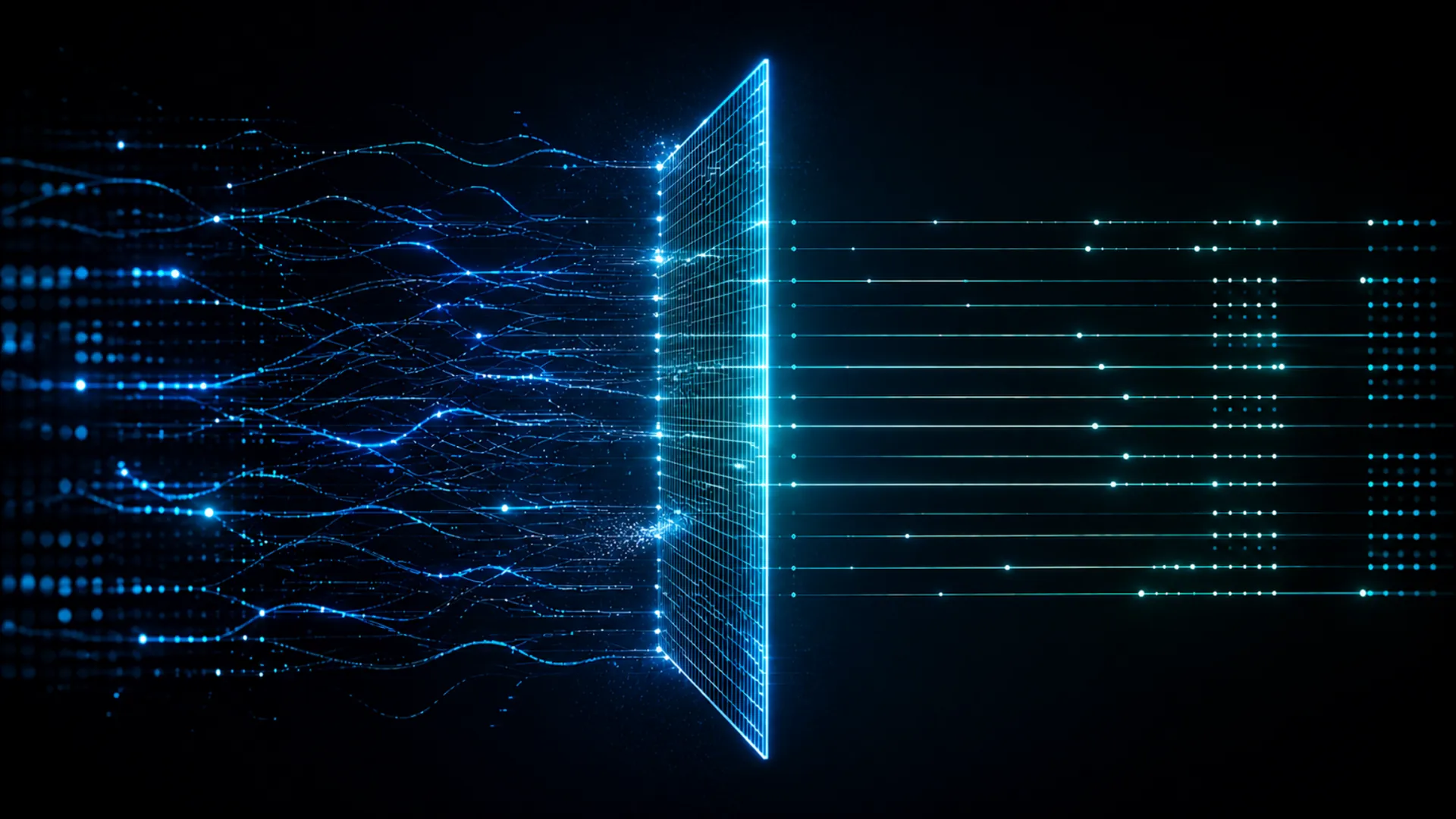 Abstract data streams hitting a verification grid where some inputs fail while others pass through as structured AI output