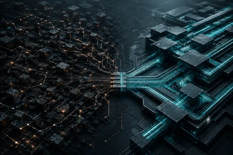 Abstract enterprise visualization showing fragmented workflows merging into centralized content systems infrastructure at scale.