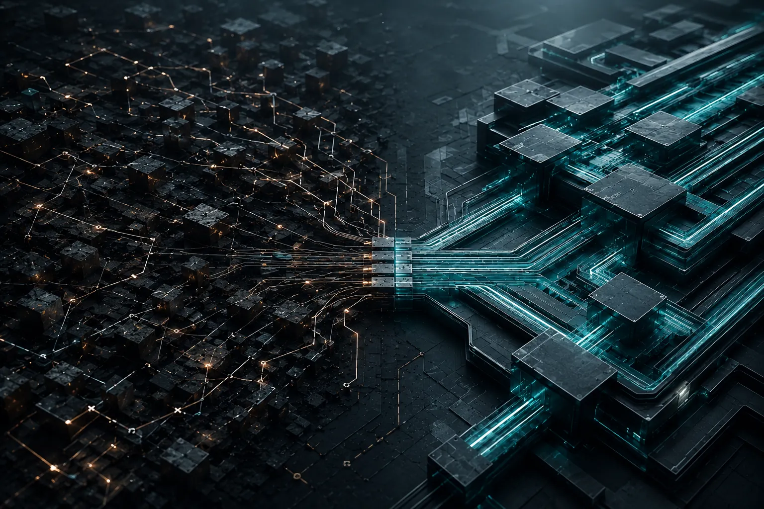 Abstract enterprise visualization showing fragmented workflows merging into centralized content systems infrastructure at scale.