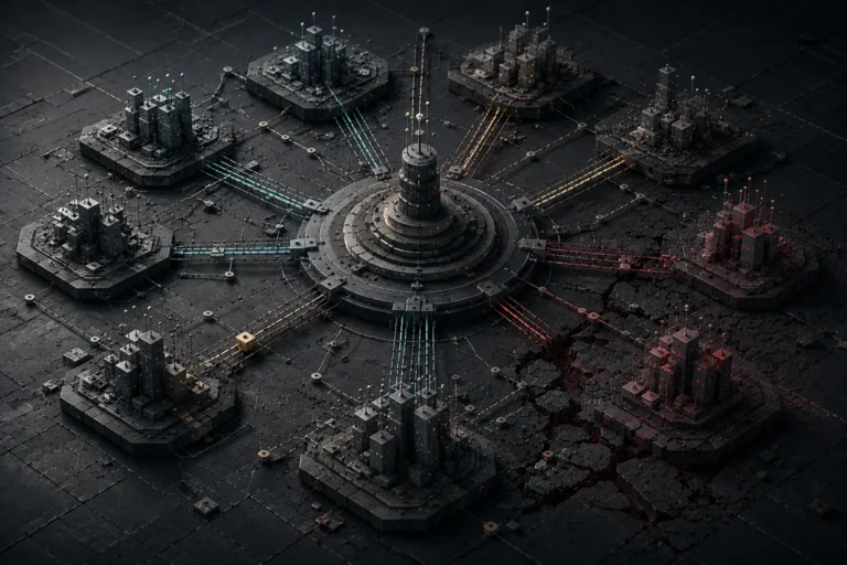 Abstract enterprise infrastructure illustration showing a multi-location content strategy failing under fragmented governance.