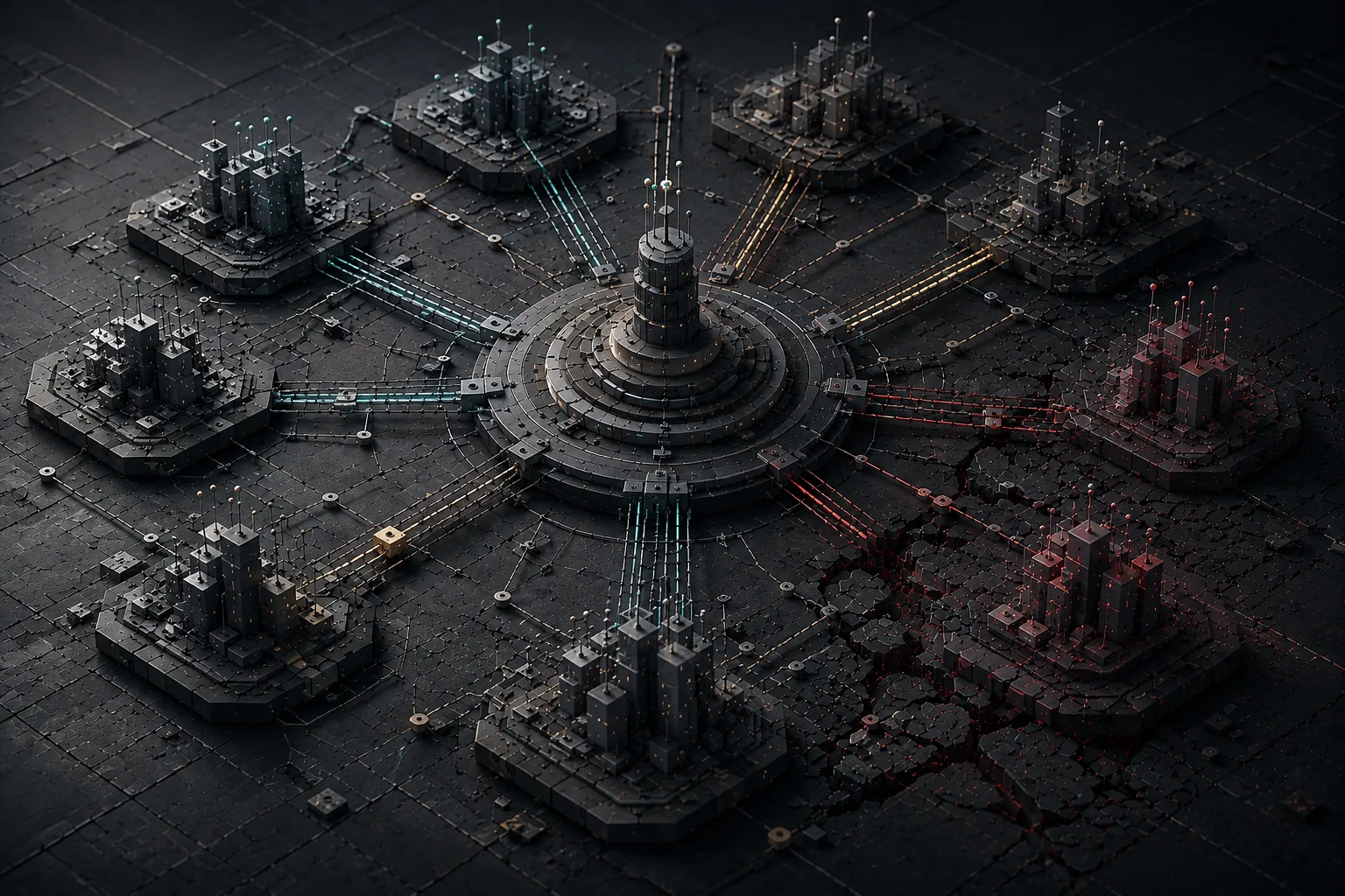 Abstract enterprise infrastructure illustration showing a multi-location content strategy failing under fragmented governance.