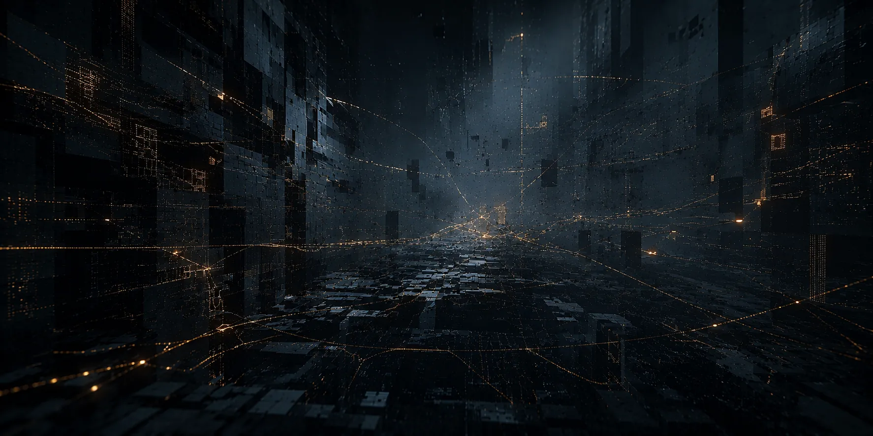 Abstract enterprise infrastructure with fragmented digital pathways symbolizing why websites are invisible to AI search.