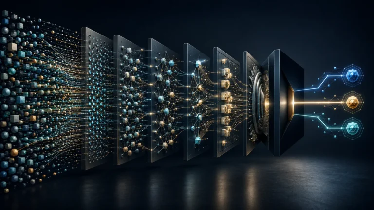 AI content strategy illustration showing fragmented information being transformed into structured knowledge systems designed for retrieval, citation, and recommendation by AI platforms.