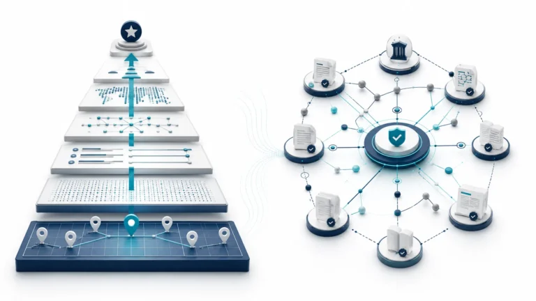 Enterprise illustration comparing AI Search Optimization with traditional Local SEO, showing hierarchical ranking versus trust-based knowledge networks.