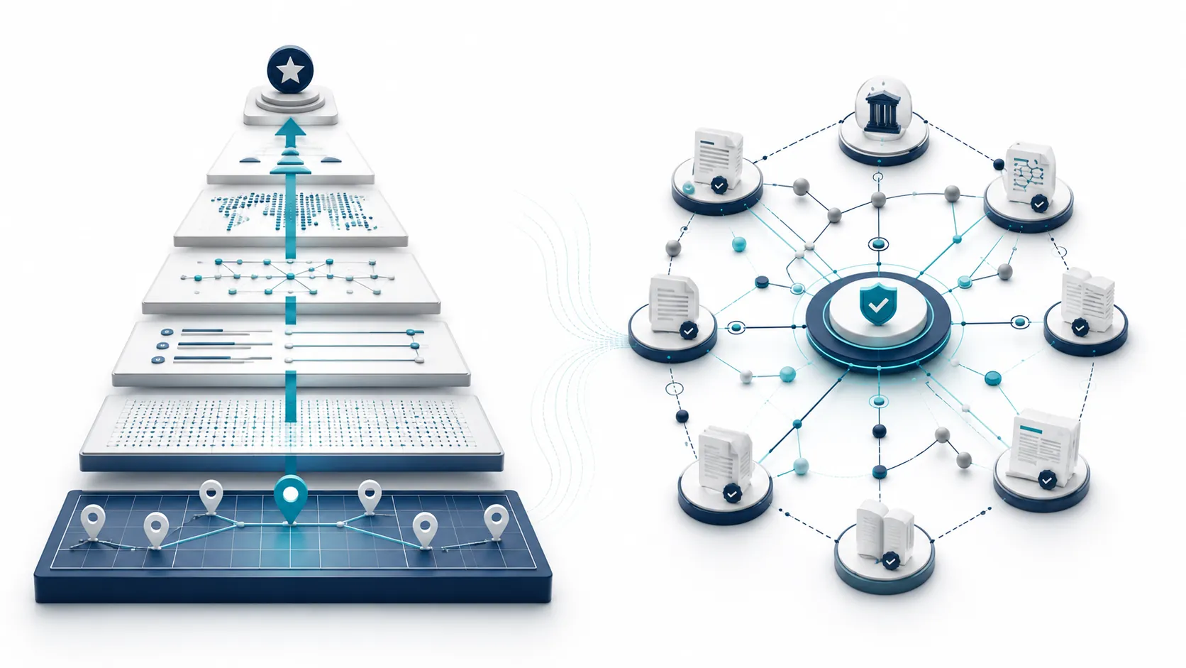 Enterprise illustration comparing AI Search Optimization with traditional Local SEO, showing hierarchical ranking versus trust-based knowledge networks.