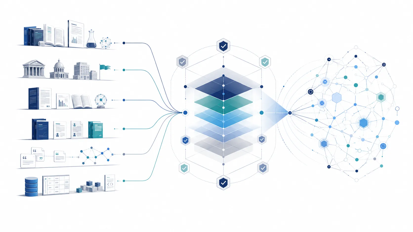 Enterprise illustration explaining E-E-A-T in AI Search, showing credible sources flowing through a trust evaluation process into an AI knowledge network.