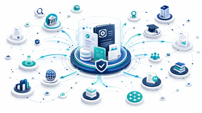 Enterprise illustration of AI Search brand visibility, showing an authoritative knowledge hub distributing trusted information across interconnected sources, organizations, and citation networks.