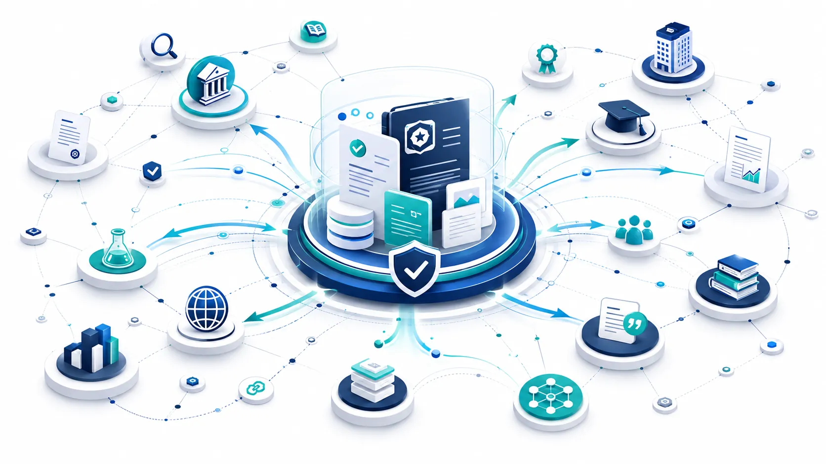 Enterprise illustration of AI Search brand visibility, showing an authoritative knowledge hub distributing trusted information across interconnected sources, organizations, and citation networks.