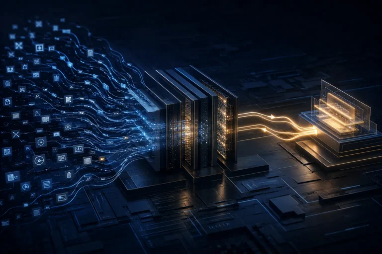 Why Does AI Search Buyer Intent Matter? Illustration showing AI systems filtering information and directing qualified visitors to a digital destination.