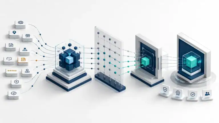 AI Brand Authority signals move through evaluation stages to produce a trusted recommendation in search.