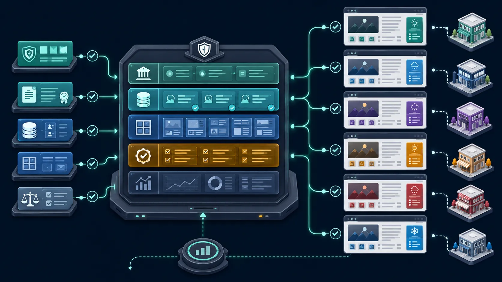 Illustration showing how multi-location content scales without losing quality through centralized governance, standardized workflows, validated local inputs, and location-specific content publishing.