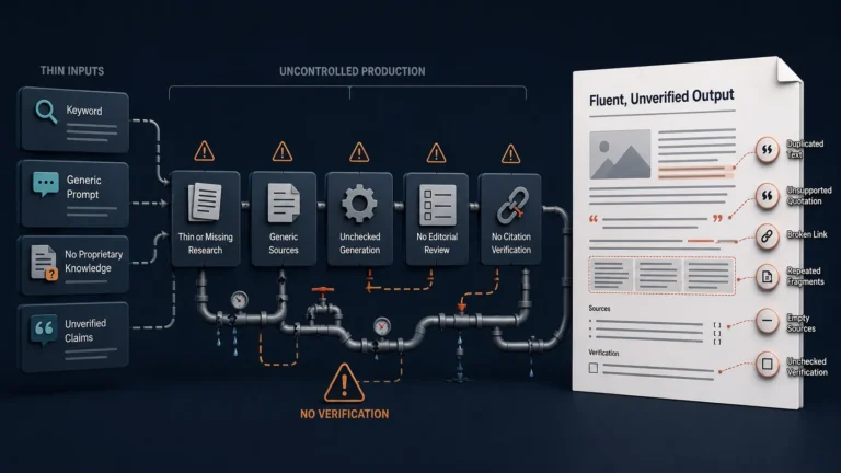 Featured image illustrating why does most AI-generated content suck through a broken production pipeline that turns thin inputs and missing verification into fluent, unverified output.