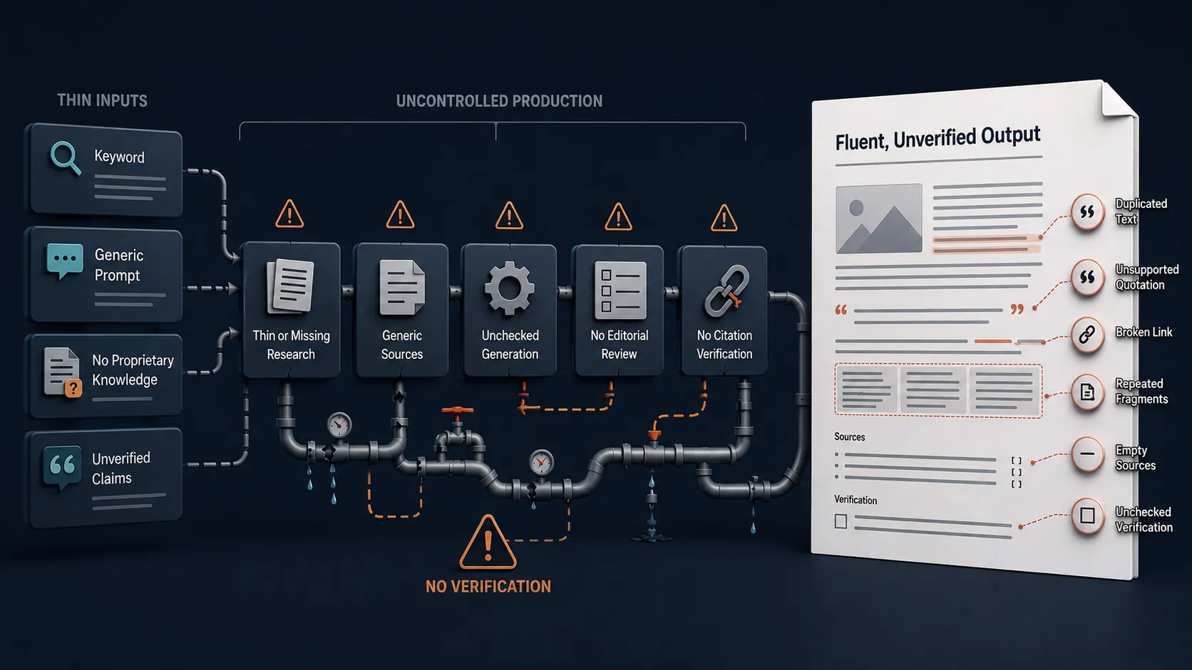 Featured image illustrating why does most AI-generated content suck through a broken production pipeline that turns thin inputs and missing verification into fluent, unverified output.