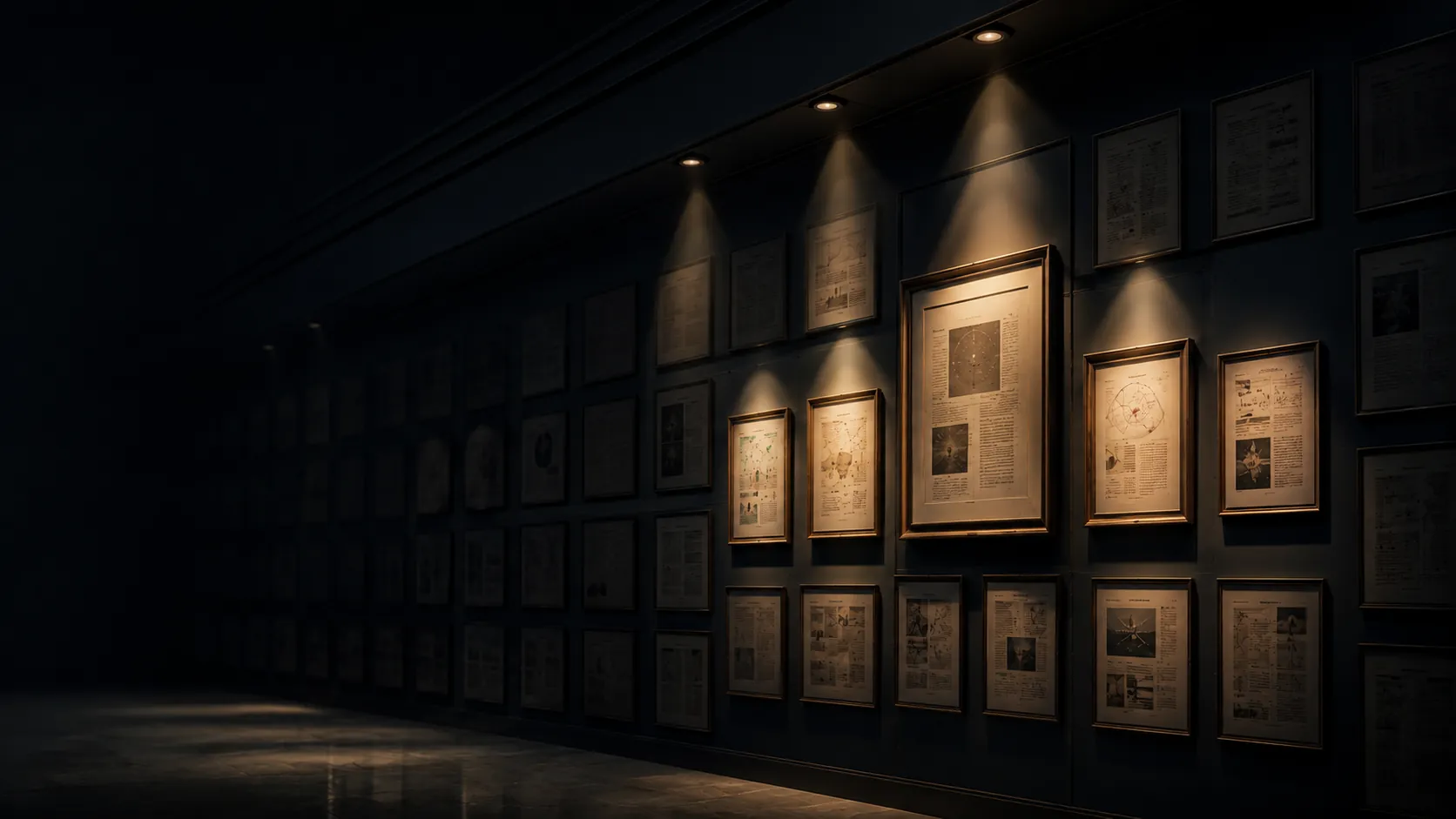 Gallery of competing sources with concentrated lighting illustrating AI citation absorption and visibility.