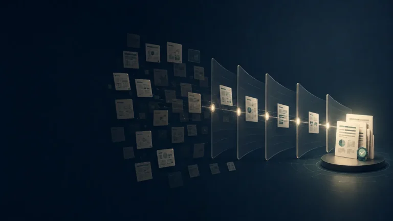 AI search discoverability illustrated by many source documents passing through successive qualification gates.