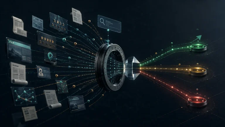 Brand evidence passes through query-driven retrieval and synthesis to shape positive, mixed, or negative AI search sentiment.