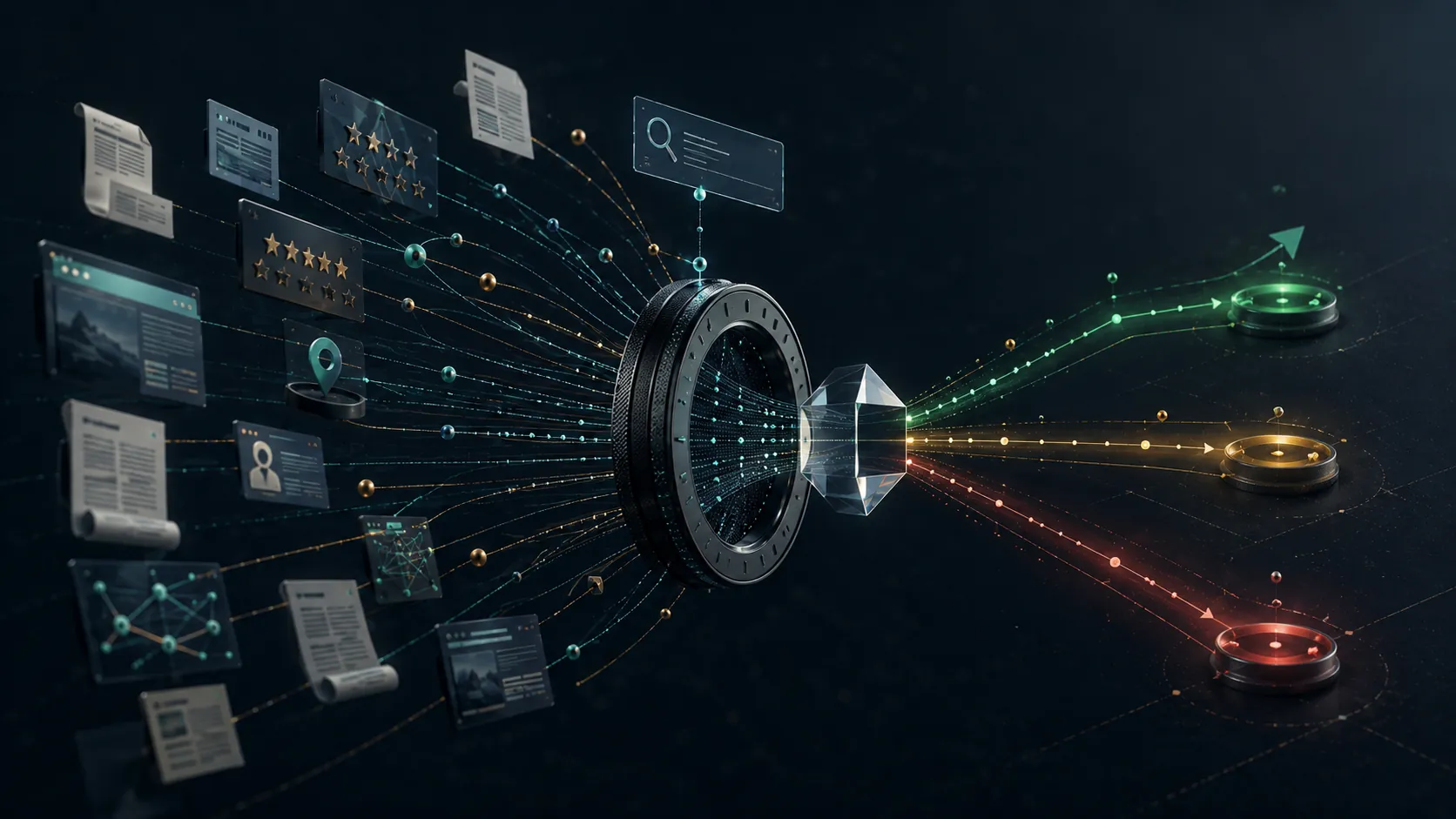 Brand evidence passes through query-driven retrieval and synthesis to shape positive, mixed, or negative AI search sentiment.