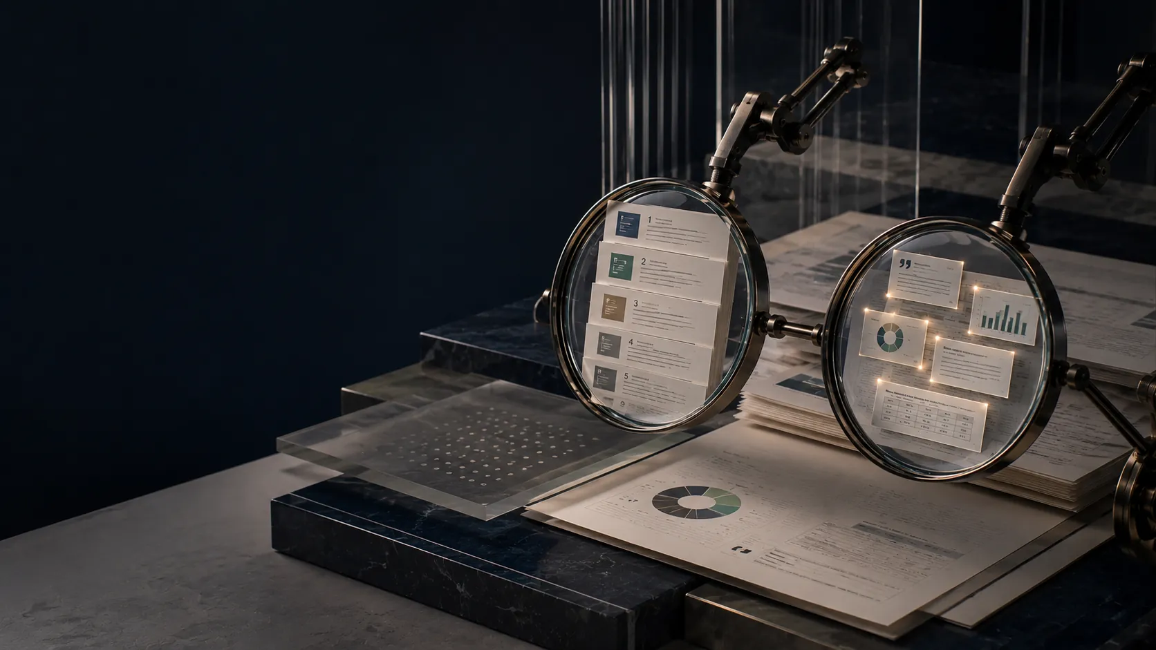 Magnifying lenses compare ranked content with selected evidence to illustrate AI topic authority and SEO topical authority.