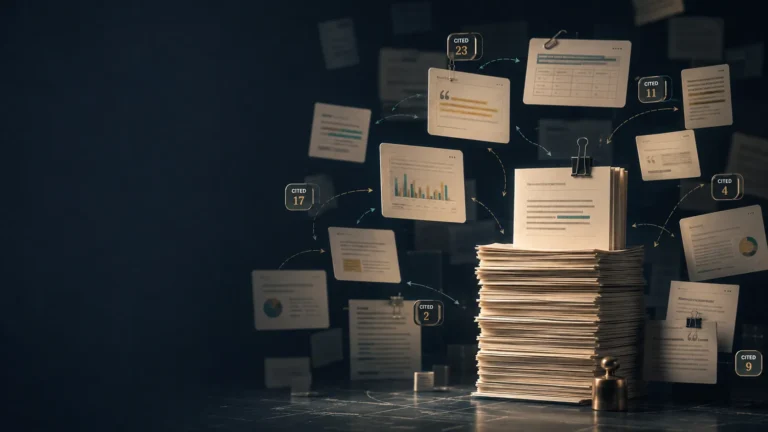 AI Visibility Volatility illustrated by shifting citations and evidence sources surrounding a stable stack of brand content.