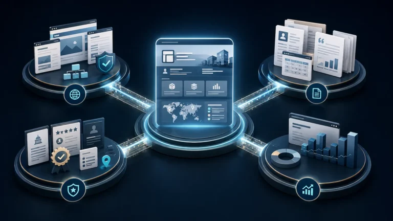 Connected brand ecosystem showing technical access, citation-ready content, external validation, and measurable visibility.