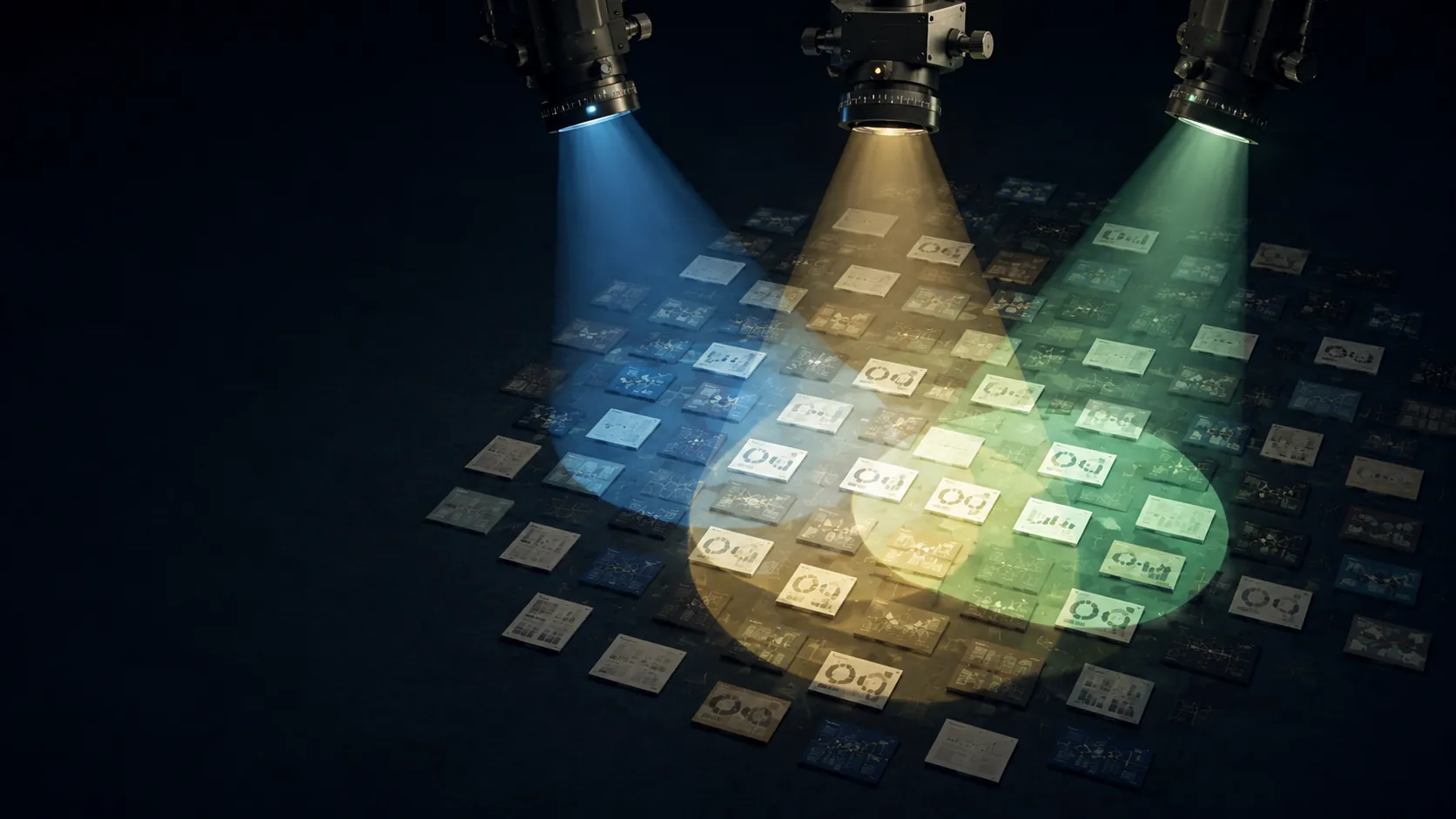 Precision optical instruments select different source documents from the same information field.