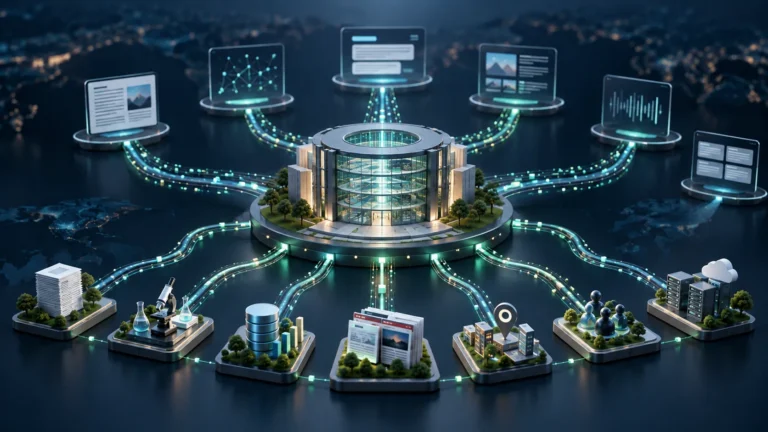 AI Search Strategy visual showing a central brand information hub connecting trusted sources with multiple retrieval environments.