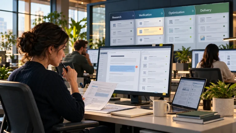 Editorial team manages an AI content workflow with human verification, evidence review, and structured publishing stages.