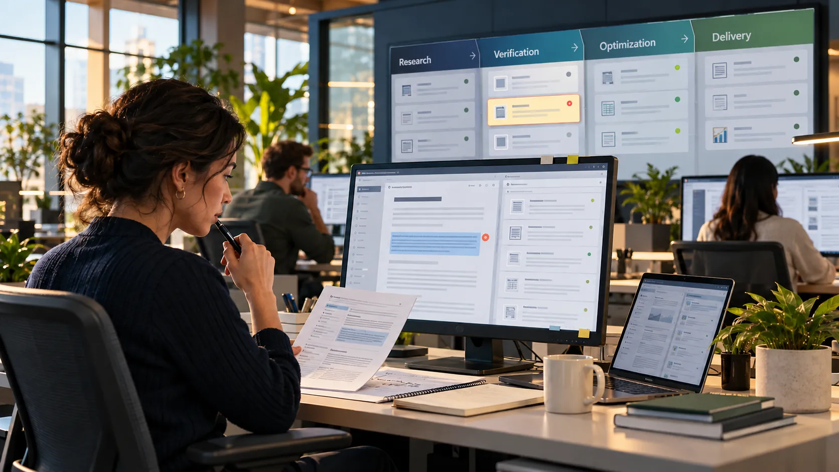 Editorial team manages an AI content workflow with human verification, evidence review, and structured publishing stages.