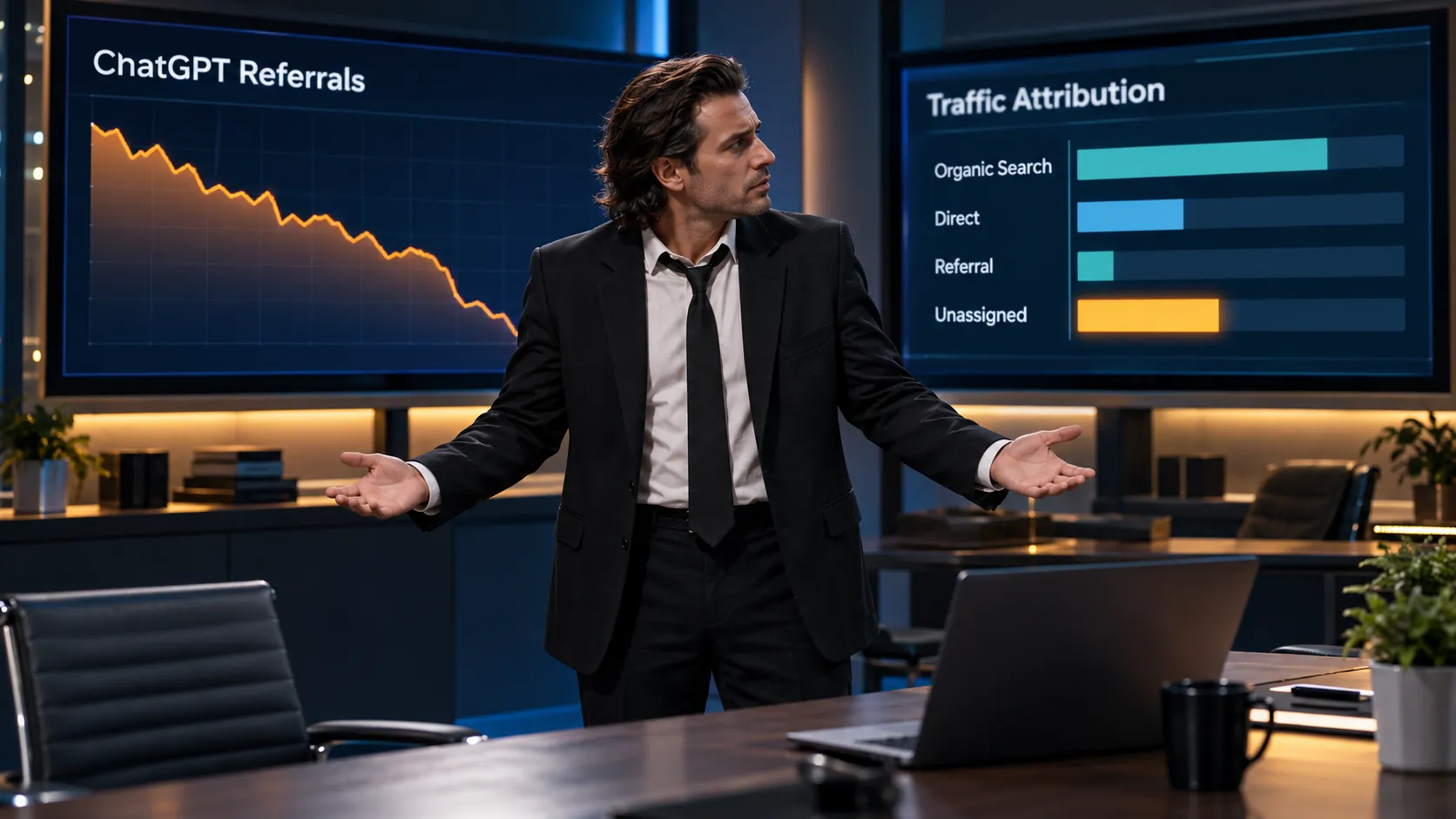 A confused analyst gestures toward a ChatGPT Traffic Drop chart and a dashboard highlighting unassigned website traffic.